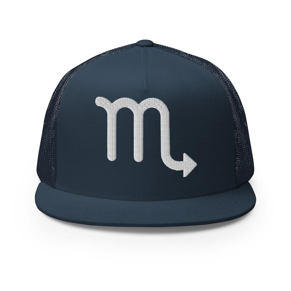 Scorpio Zodiac Embroidered Flat Bill Trucker Hat - Navy Color - https://ascensionemporium.net